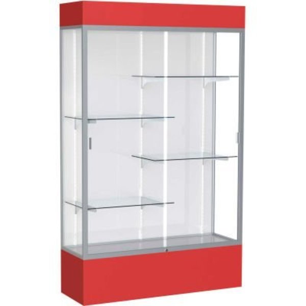 Waddell Display Case Of Ghent Spirit Lighted Display Case 48"W x 80"H x 16"D White Back Satin Finish Red Base & Top 3174WB-SN-RD
